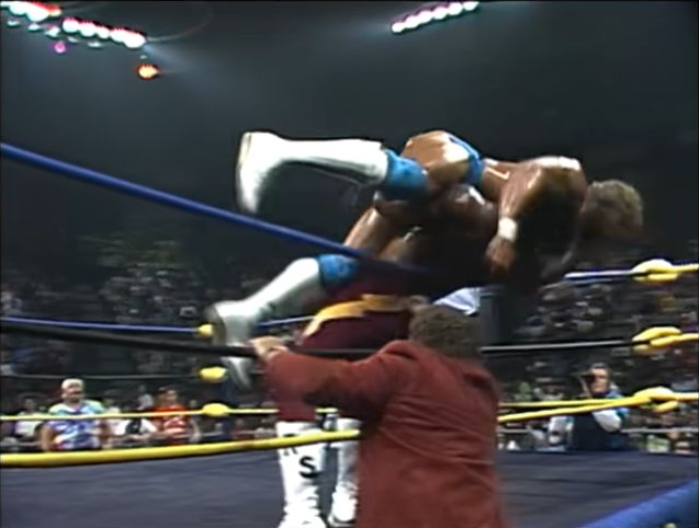 Harley Race reaches in from ringside as Lex Luger goes over the top rope and Ron Simmons remains inside.